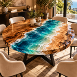 Sea Waves Epoxy Coffee Table Round Handmade Live Edge Wood Bedroom Decor