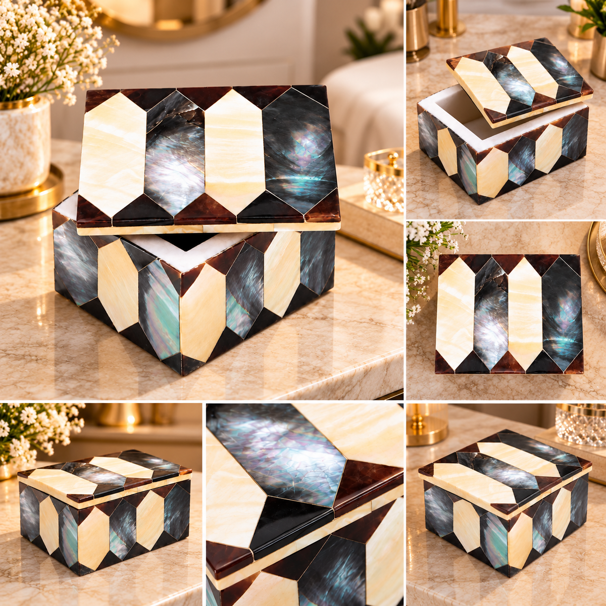 Semi Precious Stone Marble Trinket Jewelry Box For Women, Collectible Art, Cabinet