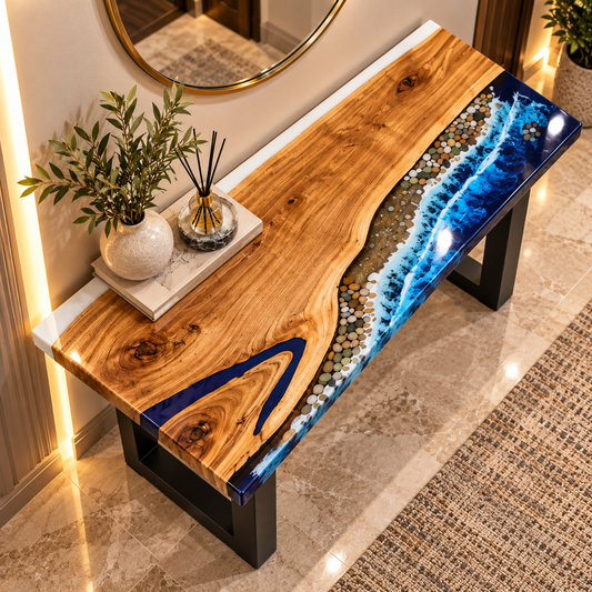 White & Blue Ocean-Inspired Epoxy Resin Acacia Wood Dining Table Custom Made
