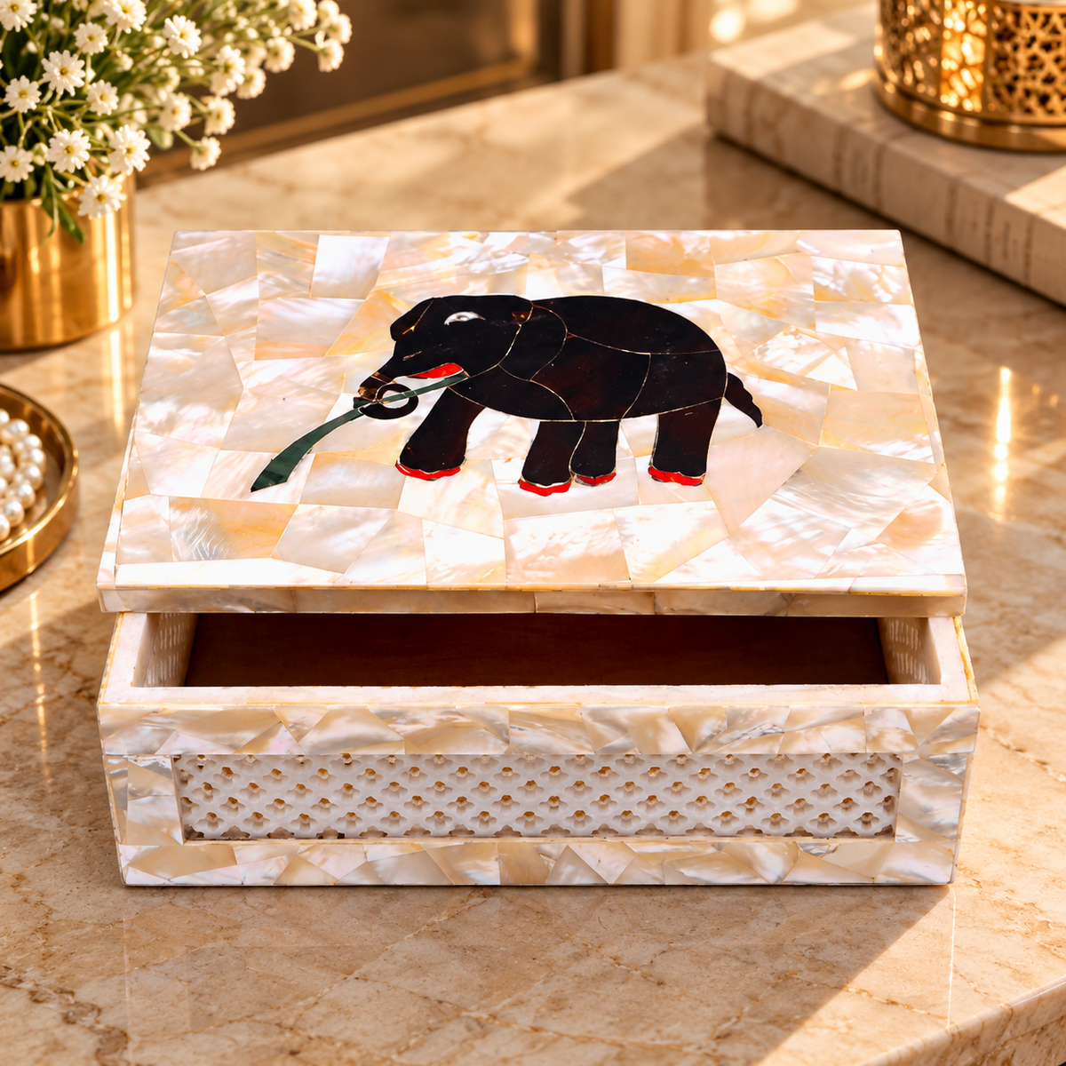 Personalized Gift Marble Jewelry Box, Mop Inlaid Handmade Mosaic Design Decor