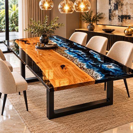 Made to Order Epoxy Wooden Dining Table Ocean Wave Design
