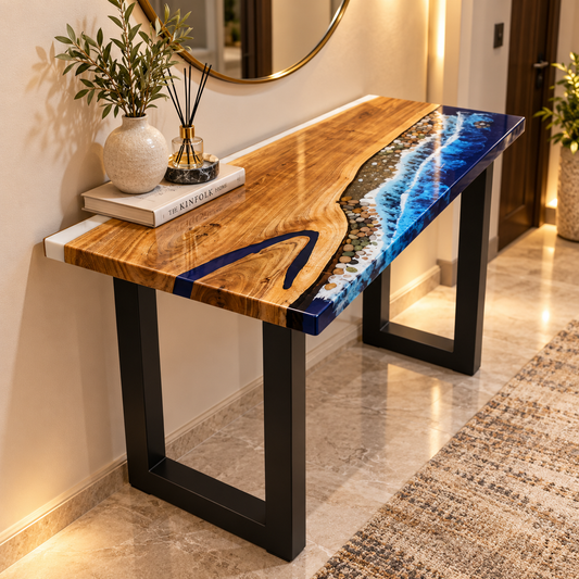 White & Blue Ocean-Inspired Epoxy Resin Acacia Wood Dining Table Custom Made