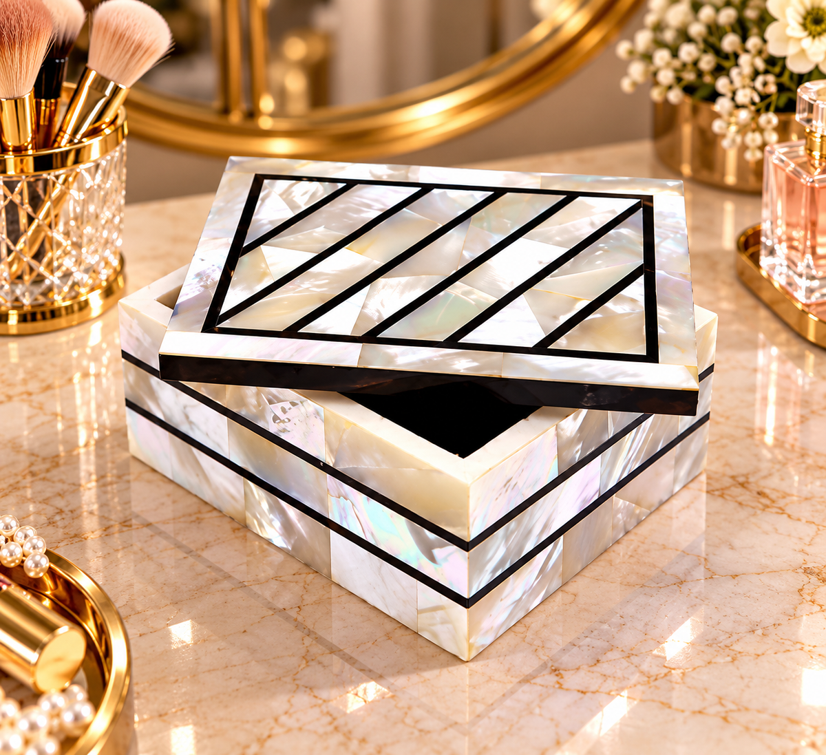 Classy Design Marble Cabinet/Jewelry Box MOP Inlaid Mosaic Decorative Gift For Her