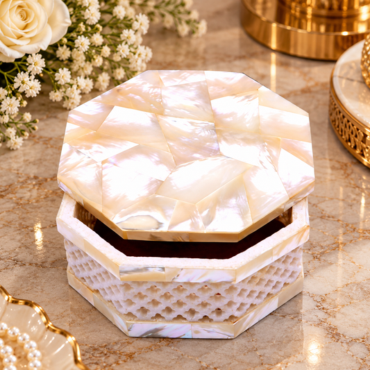 Decorative Marble Stone Jewelry Storage Box Handmade Lattice Jali Work Occasional Gift